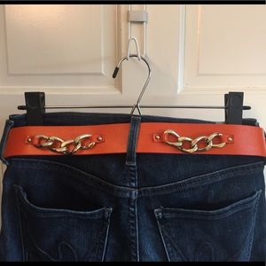 Michael Kors Leather Chain Belt-Small,Orange,Gold